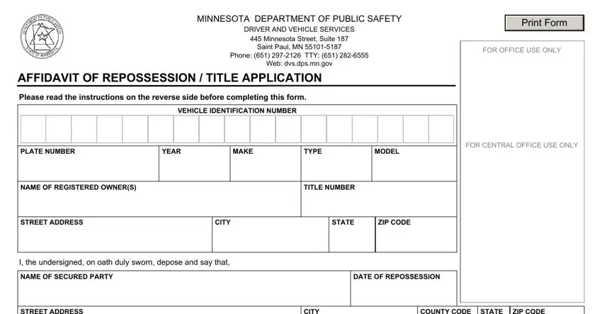 writing affidavit of repossession form mn stage 1