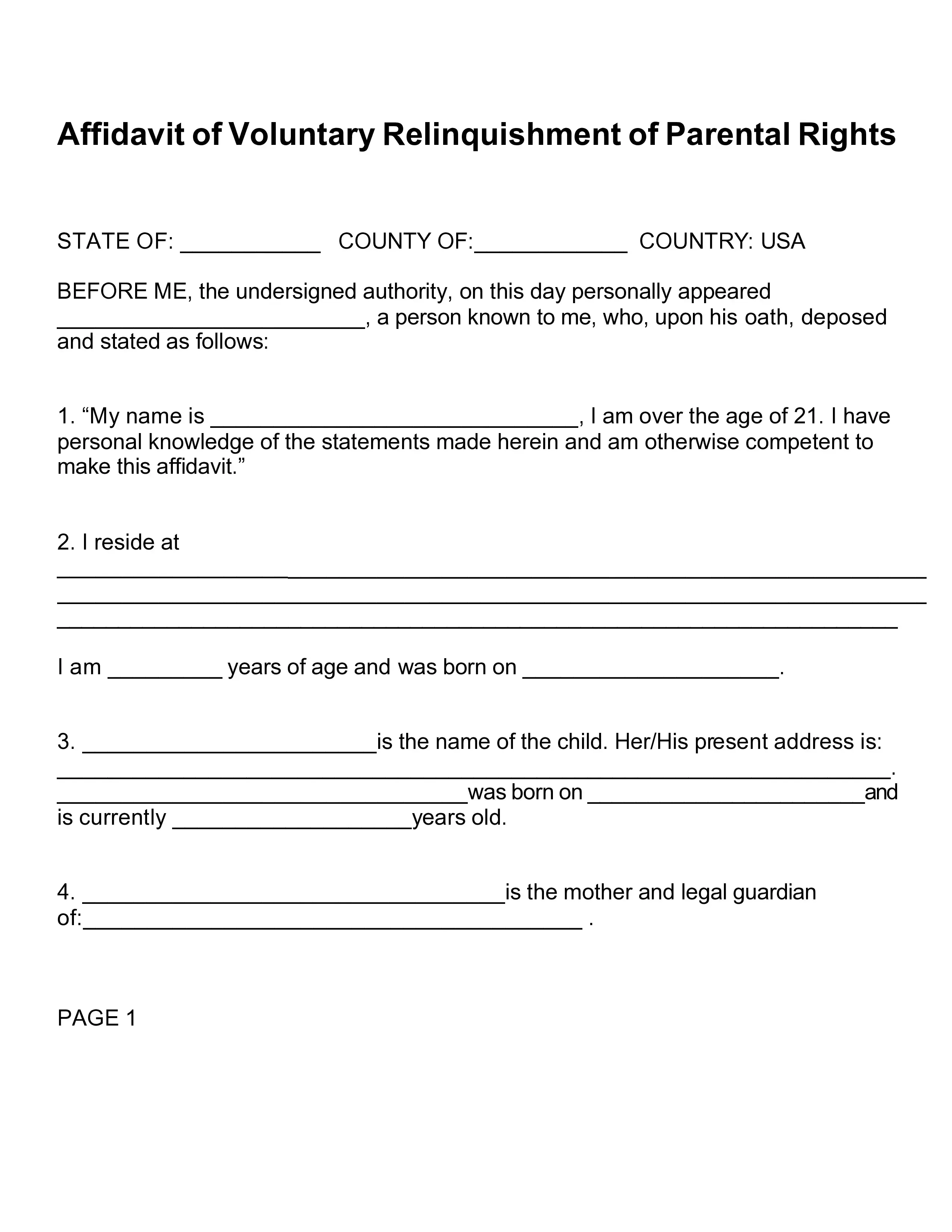 Affidavit Parental Rights Form first page preview