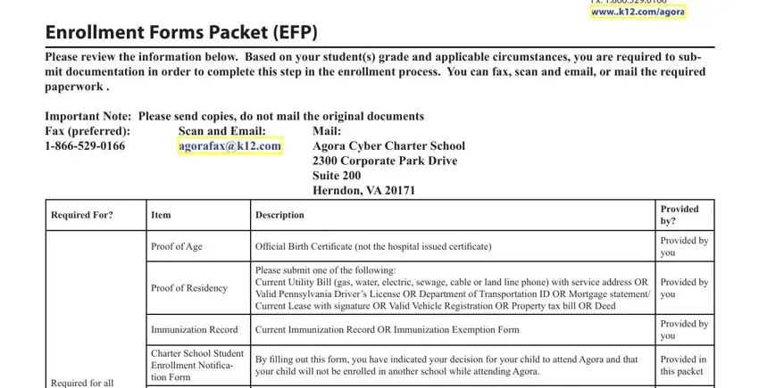 Agora Enrollment Forms Packet gaps to fill in