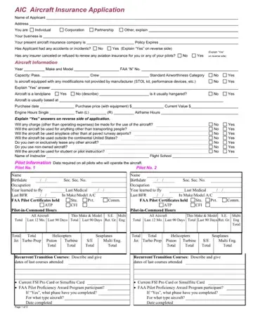 Aic Aircraft Insurance Application Form Preview