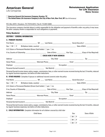 AIG Reinstatement Application For Life Insurance Form Preview
