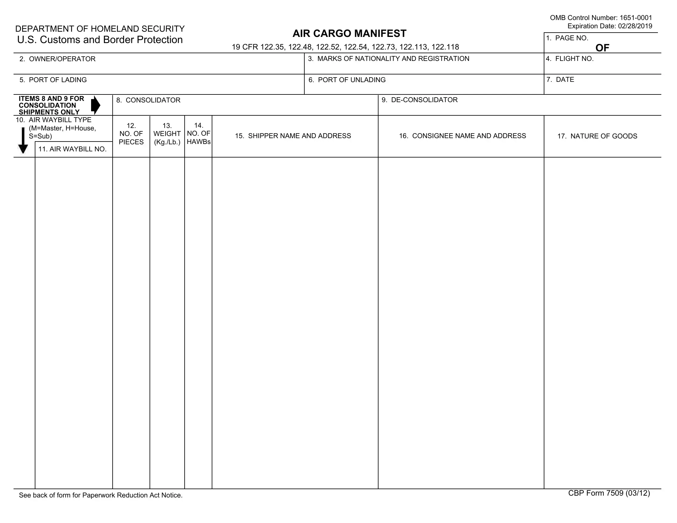 Air Cargo Manifest Form Preview