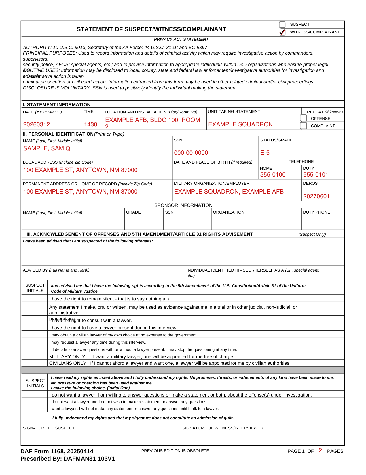 DAF Form 1168 example filled out, example: a witness gives a statement