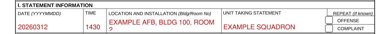 DAF Form 1168 example filled out, i. Statement information