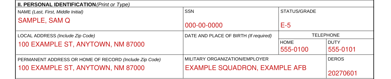 DAF Form 1168 example filled out, iI. Personal identification (Print or Type)