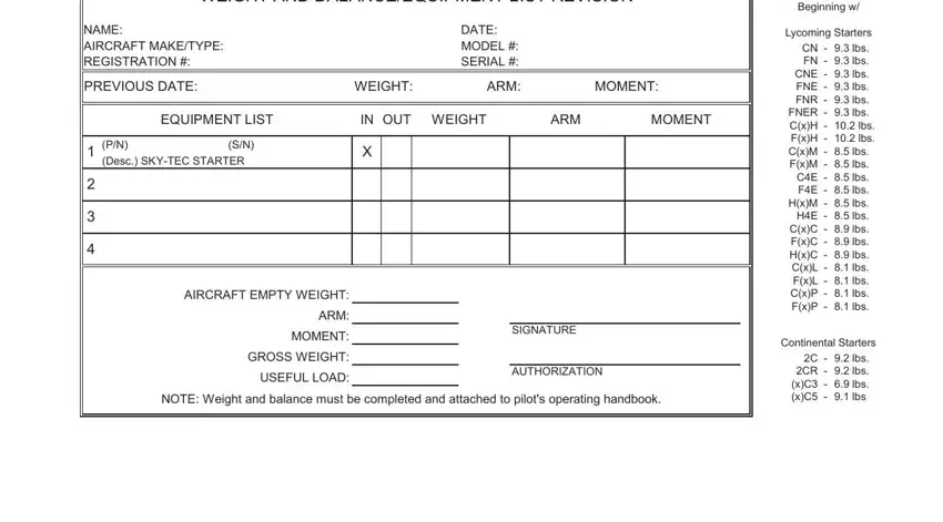 Completing weight and balance forms step 2