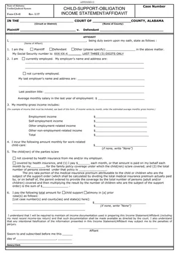 Alabama Child Support Income Form Preview