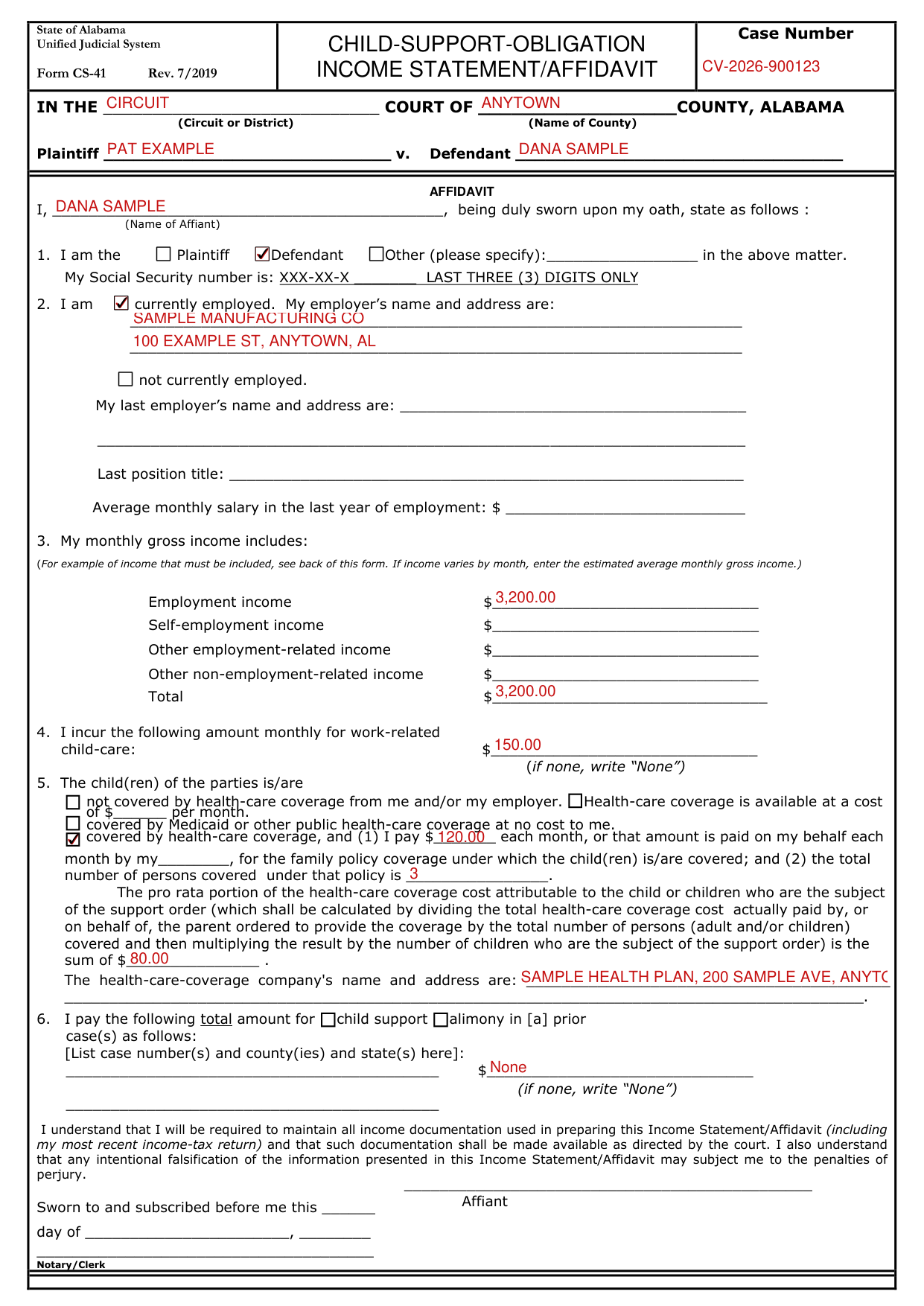 Form CS-41 example filled out, example: a defendant reports income and child-care