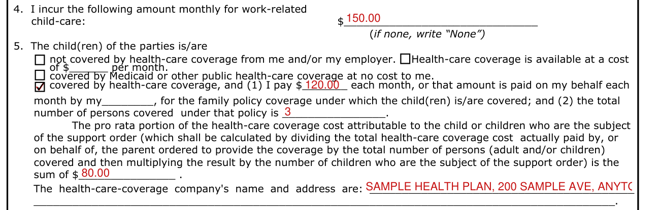 Form CS-41 example filled out, health-care coverage for the child(ren)