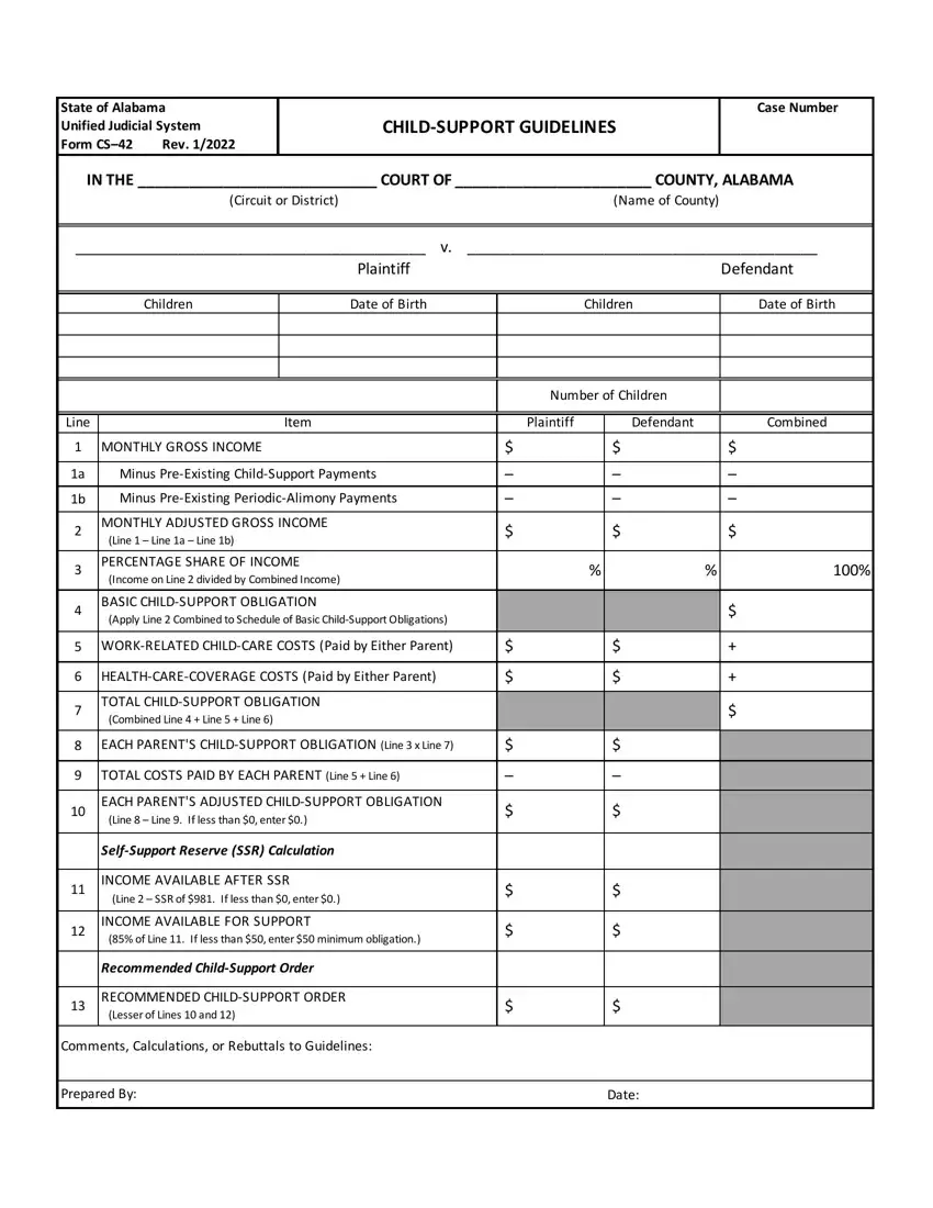 Alabama Child Support Sheet first page preview