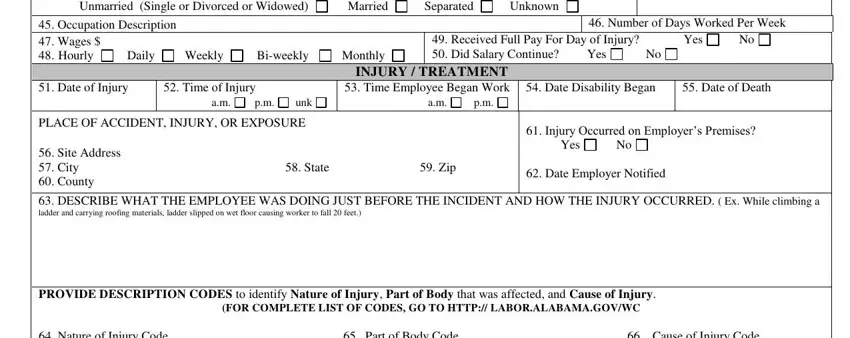 state of alabama first report of injury form Bi-weekly, Separated, Married, Monthly, Weekly, Daily, Unknown, unk, INJURY / TREATMENT 53, and PLACE OF ACCIDENT blanks to fill