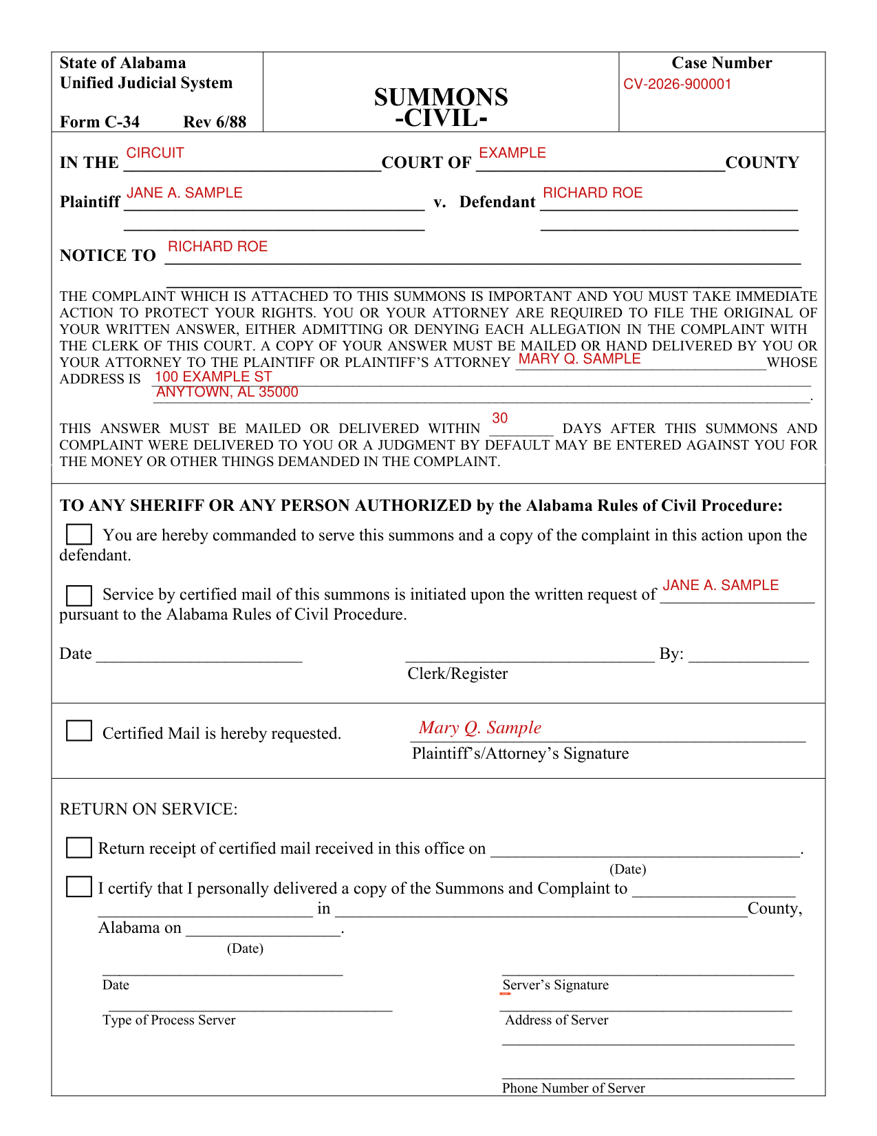 Form C-34 example filled out, example: a plaintiff's attorney prepares the summons