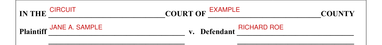 Form C-34 example filled out, iN THE, COURT OF, Plaintiff and Defendant
