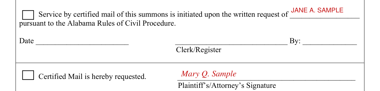 Form C-34 example filled out, service by certified mail of this summons