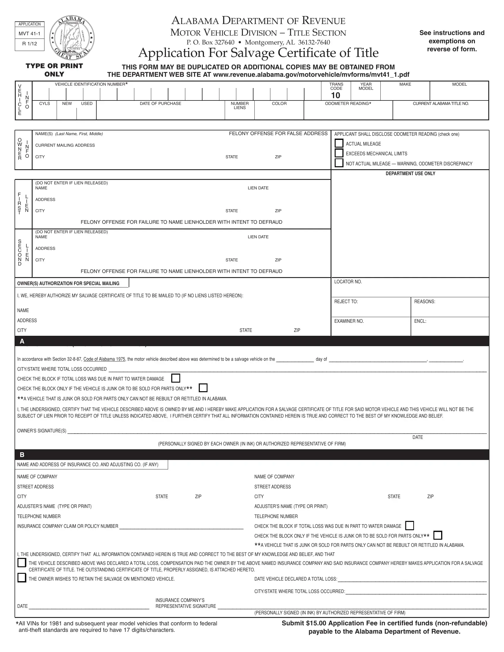 Alabama Form Mvt 41 1 ≡ Fill Out Printable Pdf Forms Online 8699