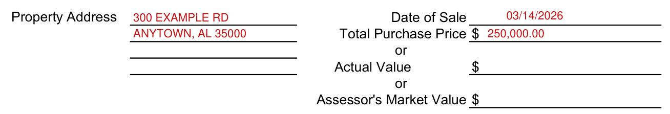 Form RT-1 example filled out, date of Sale and Total Purchase Price, Actual Value or Assessor's Market Value