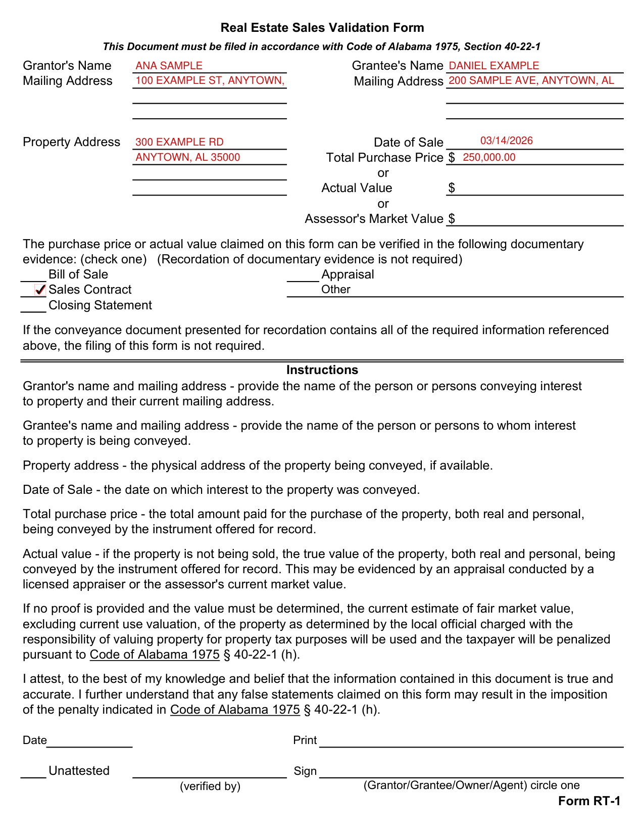 Form RT-1 example filled out, example: a grantor files the form for a house sale