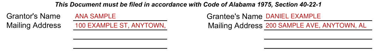 Form RT-1 example filled out, grantor's and grantee's names and mailing addresses