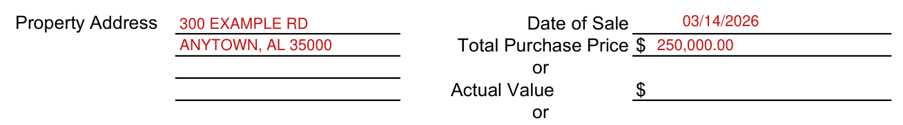 Form RT-1 example filled out, property address
