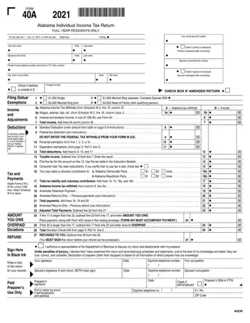 Alabama State Tax Return Form 40A Preview