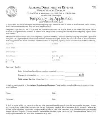 Alabama Temporary Tag Application Form Preview