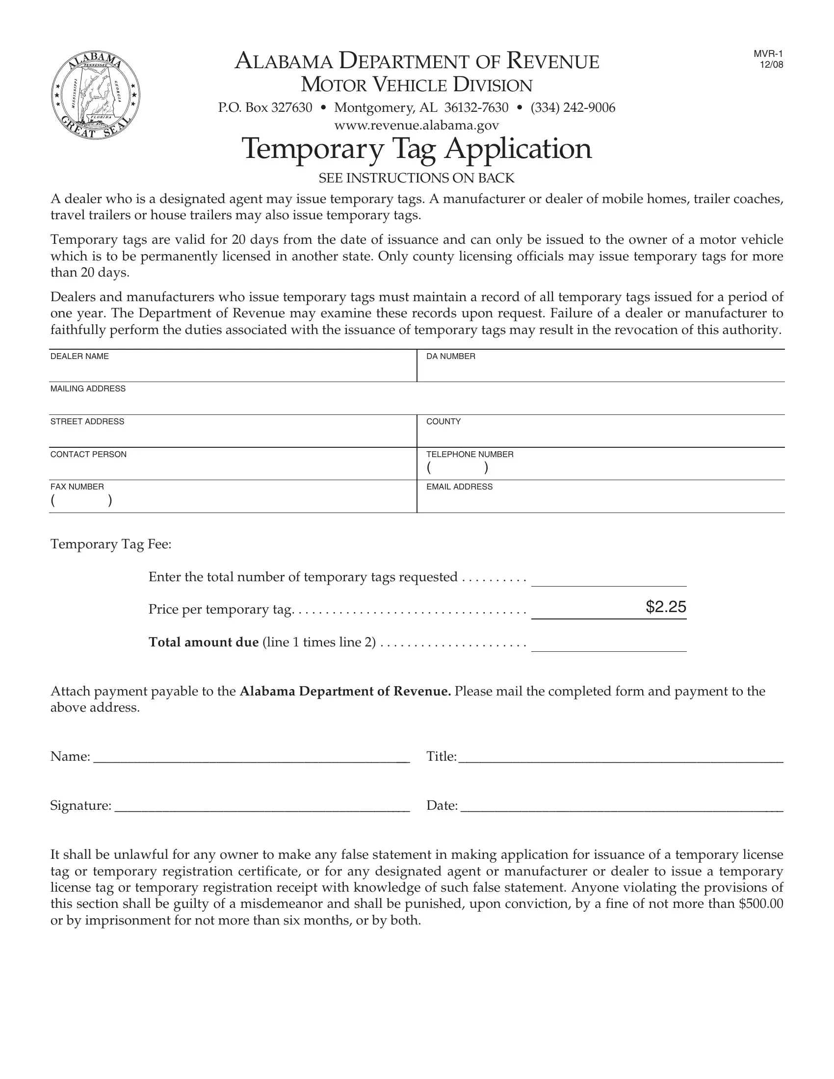 Alabama Temporary Tag Application PDF Form - FormsPal