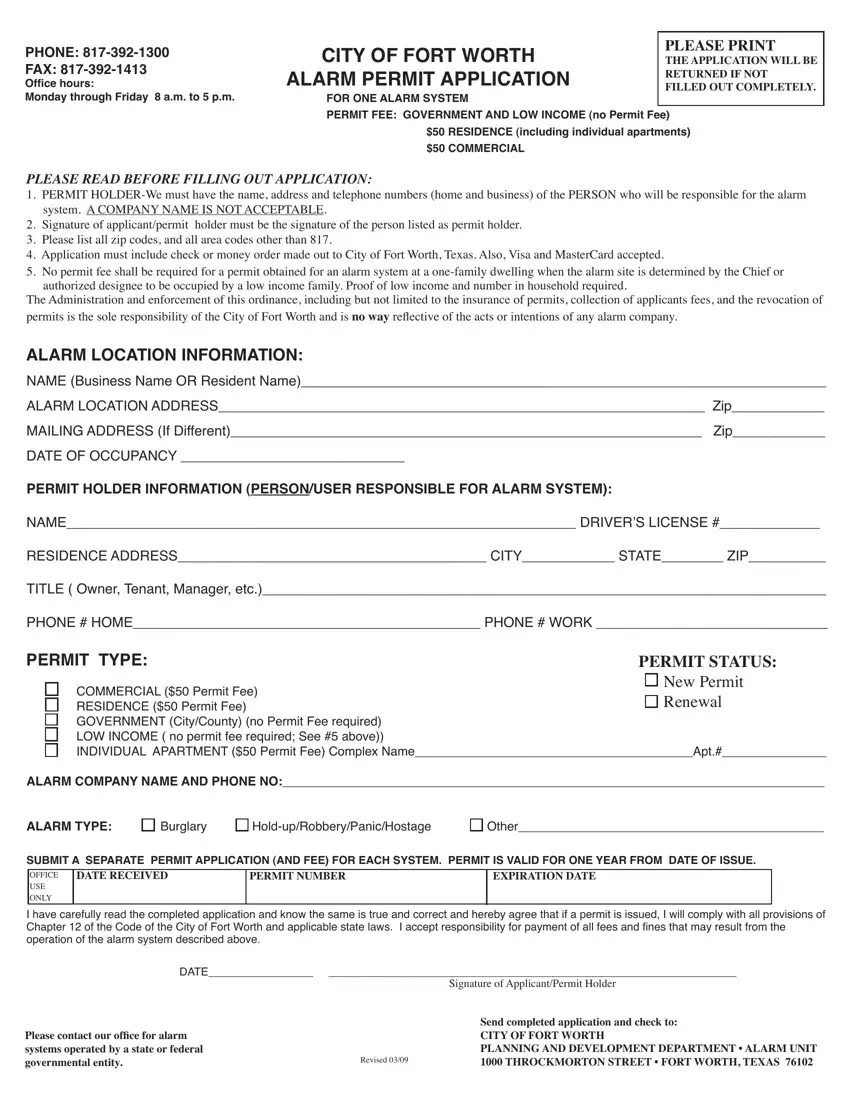 Alarm Permit Application first page preview