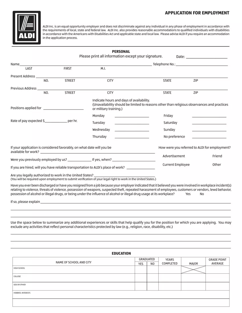 Aldi Application Form first page preview