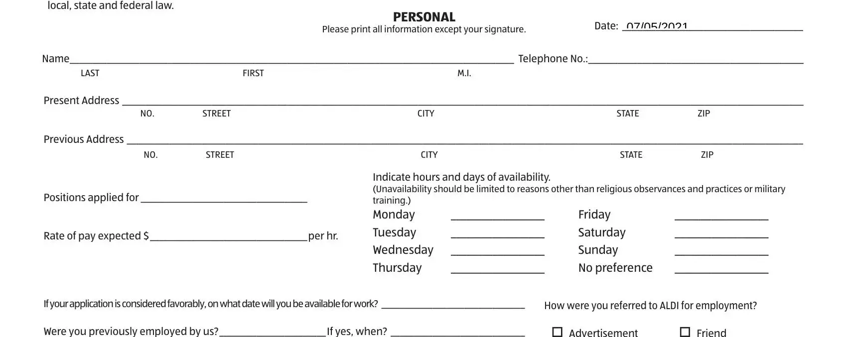 example of blanks in aldi employment application form online