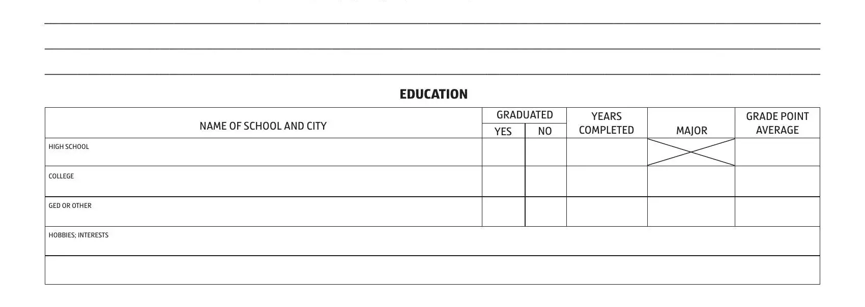 aldi employment application form online NAME OF SCHOOL AND CITY, GRADUATED NO YES, YEARS, COMPLETED, MAJOR, GRADE POINT, AVERAGE, EDUCATION, HIGH SCHOOL, COLLEGE, GED OR OTHER, and HOBBIES; INTERESTS fields to insert