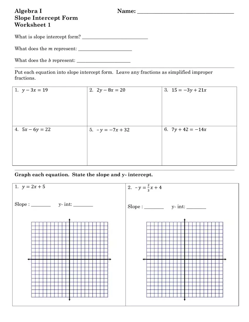 Algebra 1 Slope Intercept Form ≡ Fill Out Printable PDF Forms Online