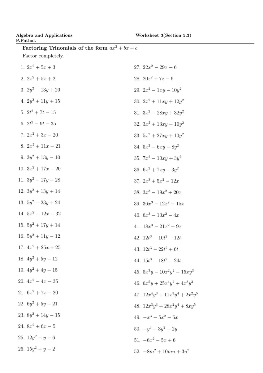 Algebra Ax2 Factoring first page preview