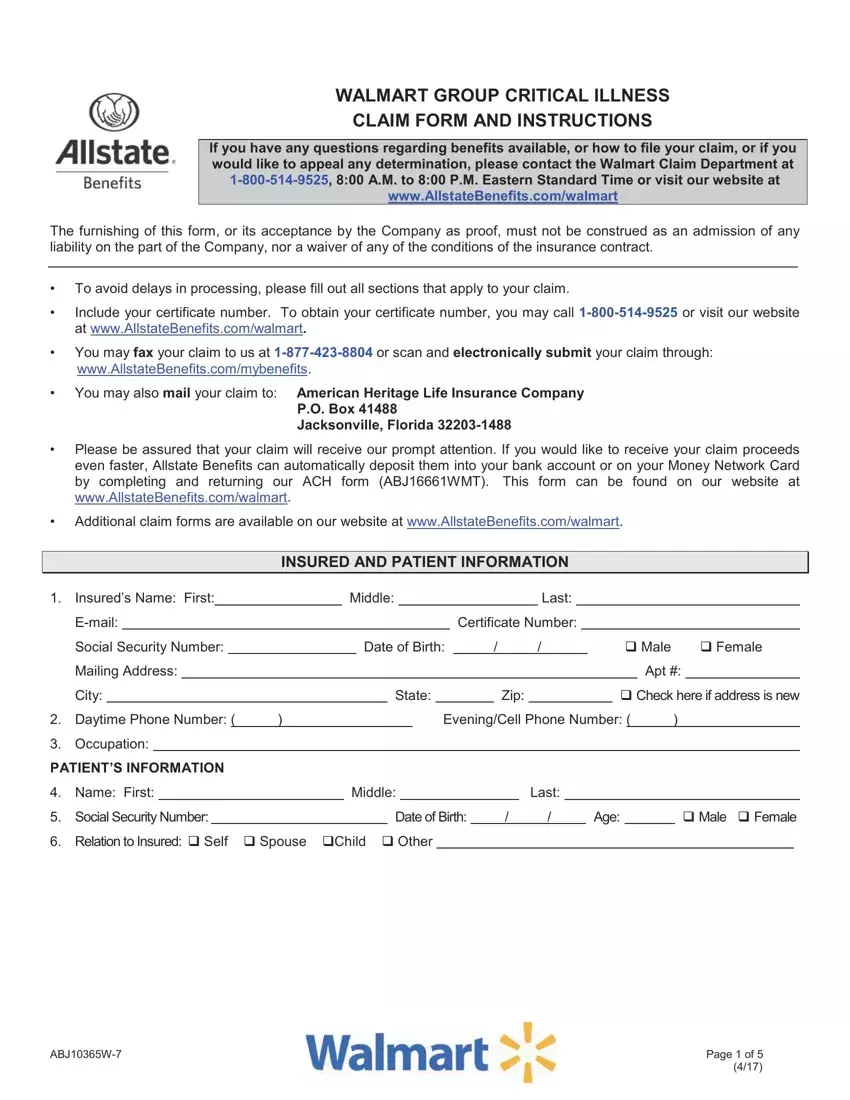 Allstate Critical Illness Walmart Form first page preview