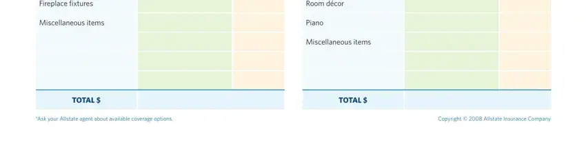 items inventory personal form Fireplace fixtures, Miscellaneous items, Room décor, Piano, Miscellaneous items, total, total, Ask your Allstate agent about, and Copyright   Allstate Insurance fields to insert