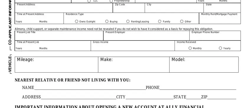 ally credit application download Present Address, Corporation  Partnership  LLC, Proprietorship Zip Code, City, Years, Months, State, Time at Present Address, Residence Type, Monthly RentMortgage Payment, Years, Months, Owns Outright, Buying, and RentingLeasing blanks to complete