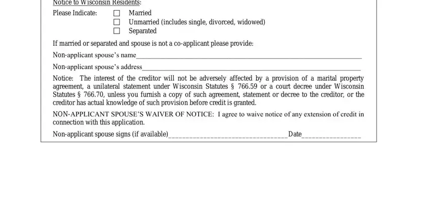 Notice to Wisconsin Residents, Unmarried includes single, If married or separated and spouse, Nonapplicant spouses name, Nonapplicant spouses address, Notice The interest of the, NONAPPLICANT SPOUSES WAIVER OF, and Nonapplicant spouse signs if in ally credit application download