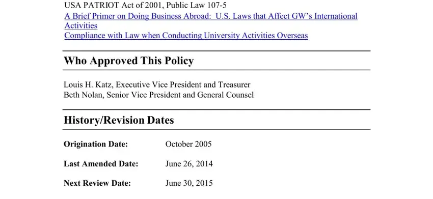 anti money laundering policy sample Bank Secrecy Act  USC  et seq  USC, Who Approved This Policy, Louis H Katz Executive Vice, HistoryRevision Dates, Origination Date, October, Last Amended Date, June, Next Review Date, and June fields to complete