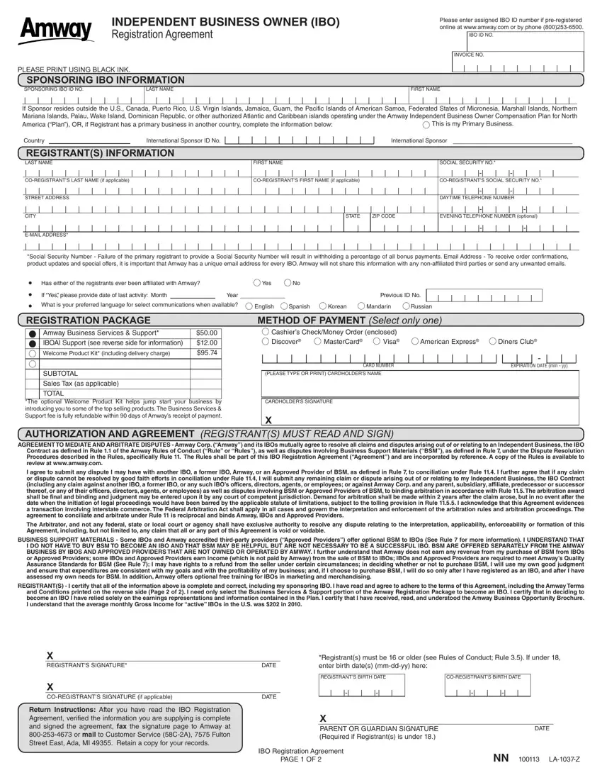 Amway Ibo Application Form first page preview