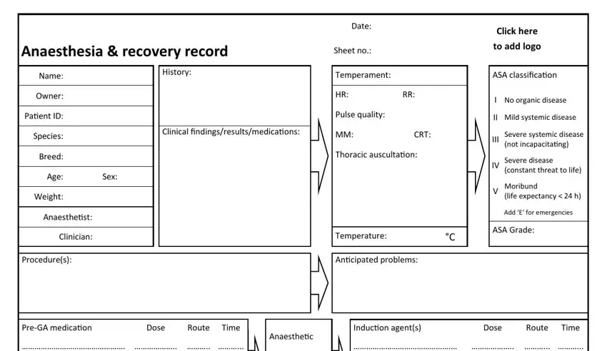 anesthesia chart template fields to fill out