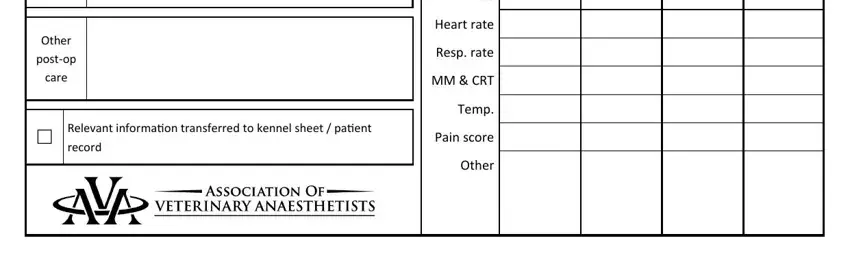 anesthesia chart template Other postop care, cid, Relevant information transferred, Time, Heart rate, Resp rate, MM  CRT, Temp, Pain score, and Other fields to fill out