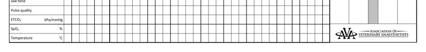 Palpebral reflex, Eye position, Jaw tone, Pulse quality, ETCO, SpO, Temperature, kPammHg, Swabs, Sharps, Out, and Out in anesthesia chart template
