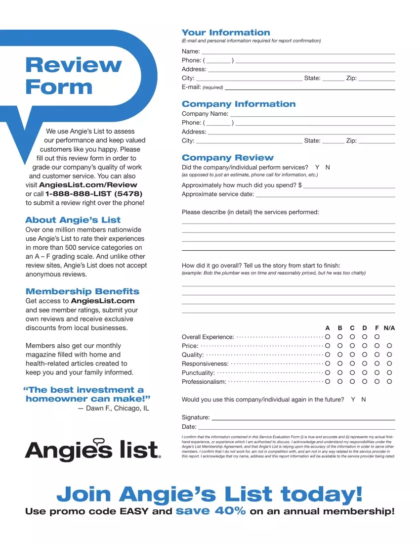 Angies List Review Form first page preview