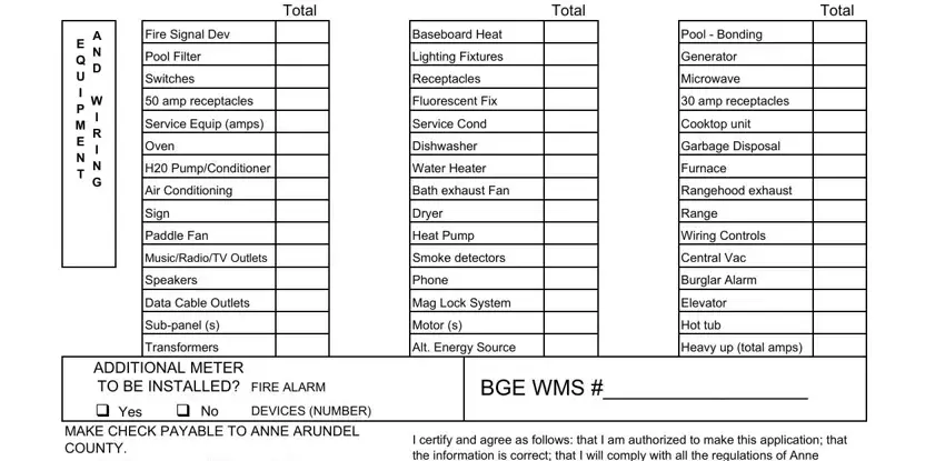 aa county electrical permit Total, Total, Total, E Q U I P M E N T, A N D, W I R I N G, Fire Signal Dev, Pool Filter, Switches, amp receptacles, Service Equip amps, Oven, H PumpConditioner, Air Conditioning, and Sign blanks to fill out