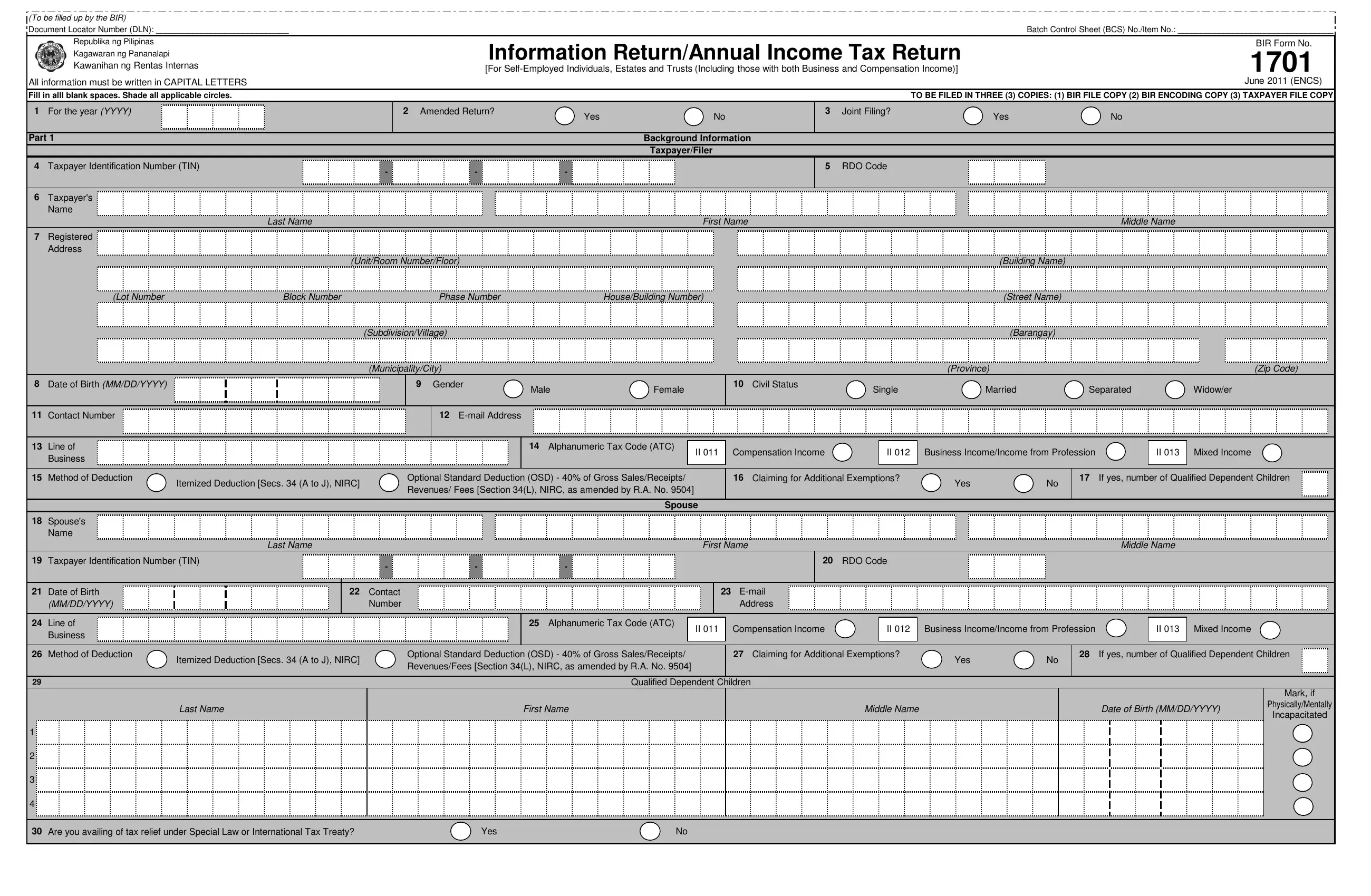 Annual Income Tax Return Form 1701 Preview
