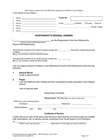 SAPCR Respondent's Answer Form Preview