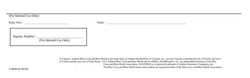 anthem request For Internal Use Only, Reply Date, Name, Inquiry Number, For Internal Use Only, Cross and Blue Shield Association, and In Virginia Anthem Blue Cross and fields to insert