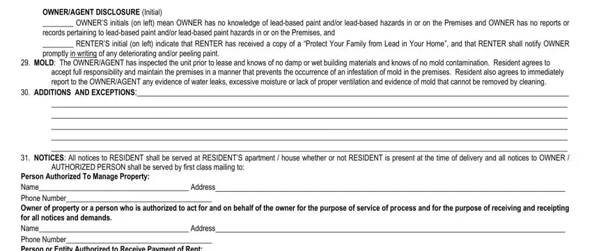 aoausa lease agreement OWNERAGENT DISCLOSURE Initial, MOLD The OWNERAGENT has inspected, accept full responsibility and, AUTHORIZED PERSON shall be served, and Person Authorized To Manage blanks to fill