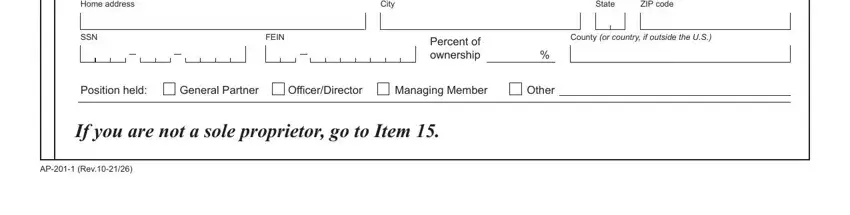 sales tax permit texas Home address, City, State, ZIP code, SSN, FEIN, Percent of ownership, County or country if outside the US, Position held, General, Partner, OfficerDirector, Managing Member, Other, and If you are not a sole proprietor blanks to fill