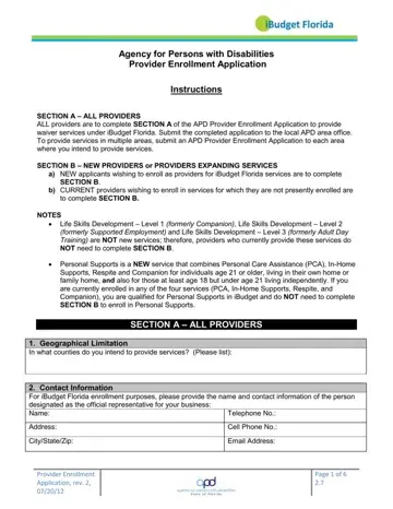 APD Provider Enrollment Application Form Preview