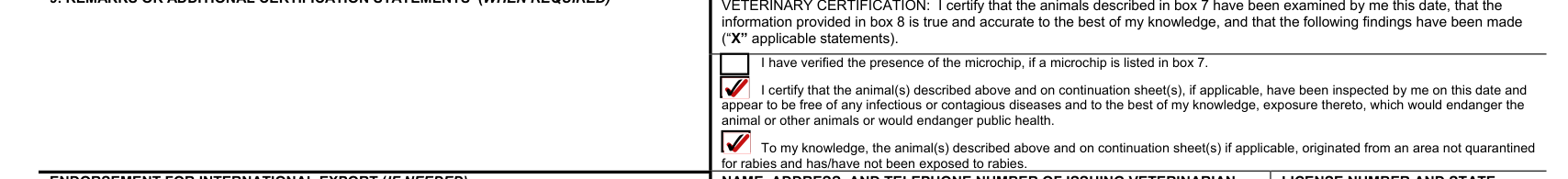 APHIS Form 7001 example filled out, box 9, remarks and the veterinary certification